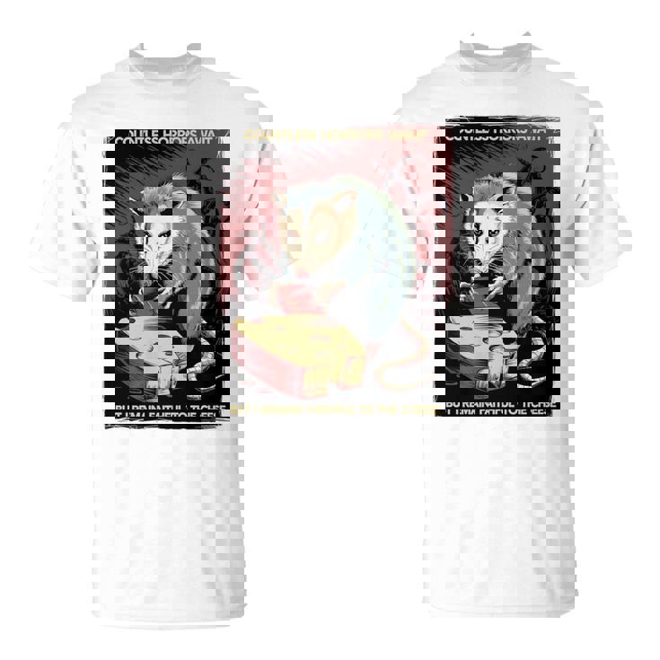 日本ホラーオポッサムアニメ レトロ 数え切れないほどの恐怖が待ち受けている 長袖tシャツ Tシャツ