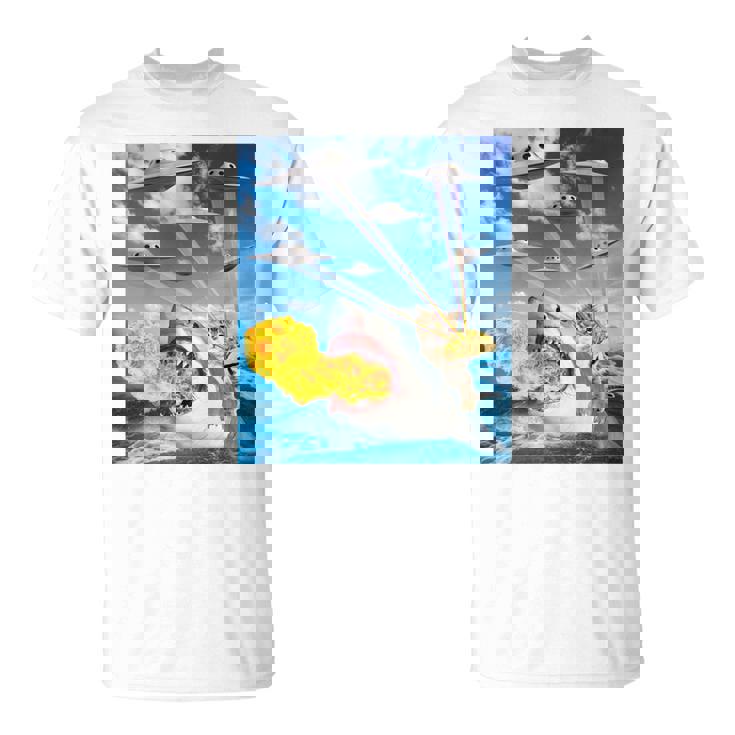 猫に乗って火を吐くサメレインボーレーザータコス 長袖tシャツ Tシャツ