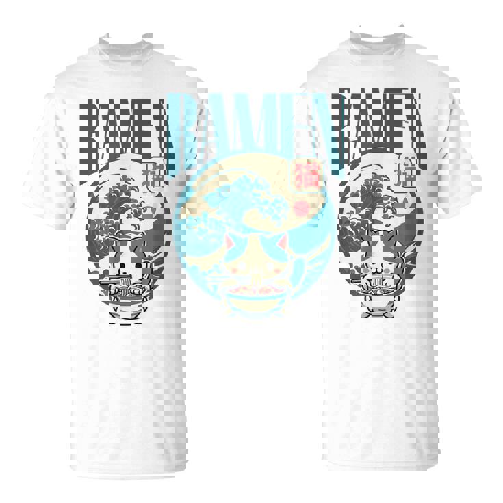 猫食べるラーメン キッズ&大人、日本の神奈川波ラーメン Tシャツ