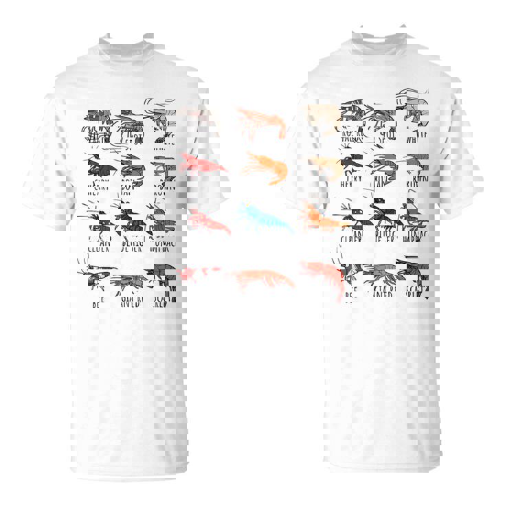 異なるタイプのエビの品種コレクション、かわいいエビ愛好家。 Tシャツ