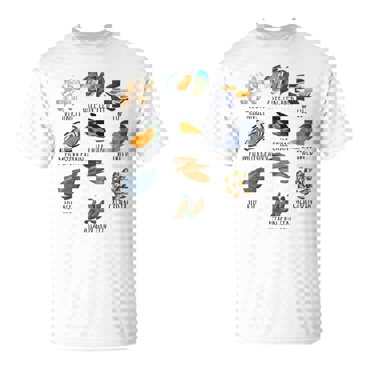 異なる種類のムール貝の品種コレクション、かわいいムール貝が大好き Tシャツ