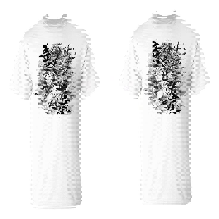 竜虎 墨絵 バックプリント Tシャツ