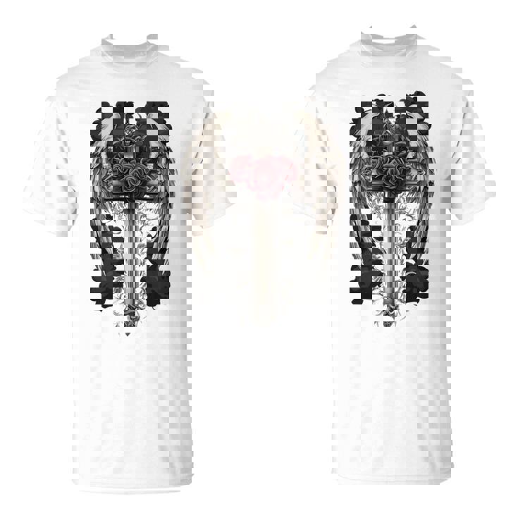 翼とバラのゴシック・クロス 長袖tシャツ Tシャツ