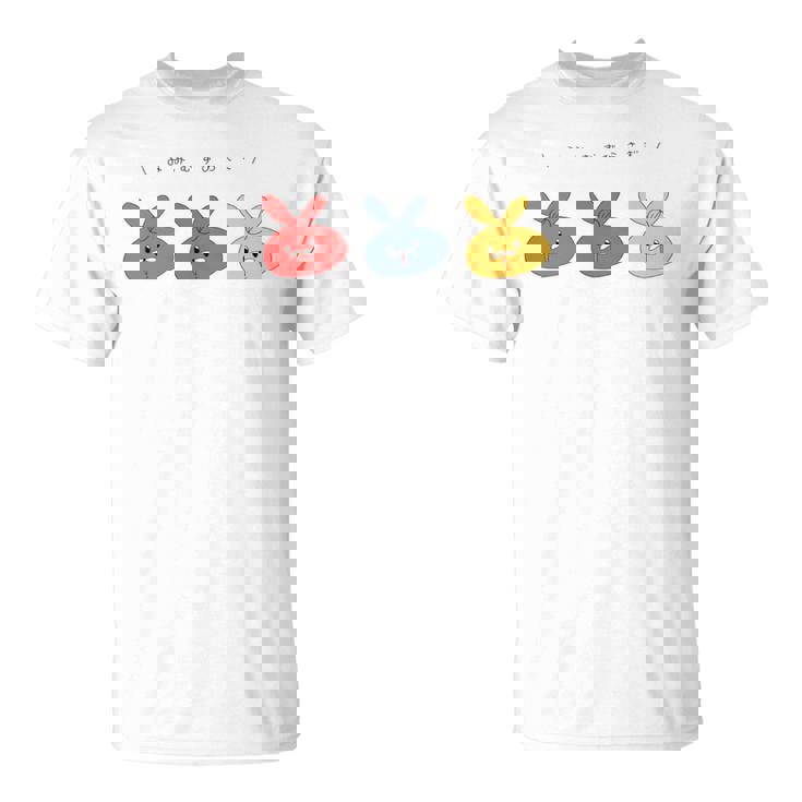 耳結びうさぎ 赤青黄 Cぽむこ かわいい うさぎ キャラクター 長袖tシャツ Tシャツ