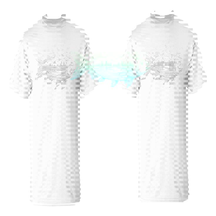 背中 山から形をした涼しい魚 自然 情景 釣り Tシャツ