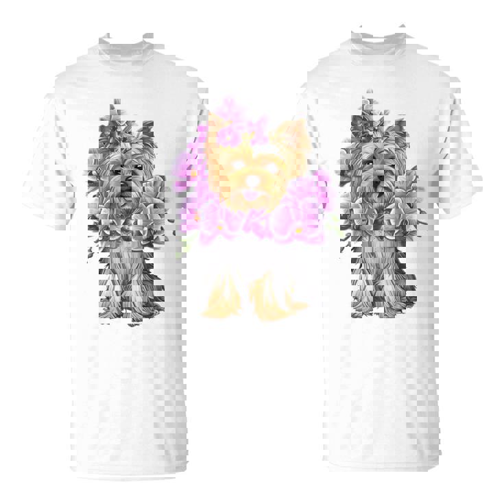 花を持つヨークシャー テリア 長袖tシャツ Tシャツ