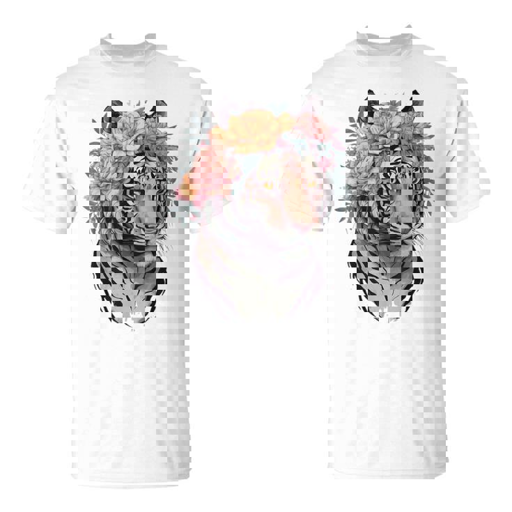 花柄 水彩 虎 花 王冠 虎好き Tシャツ