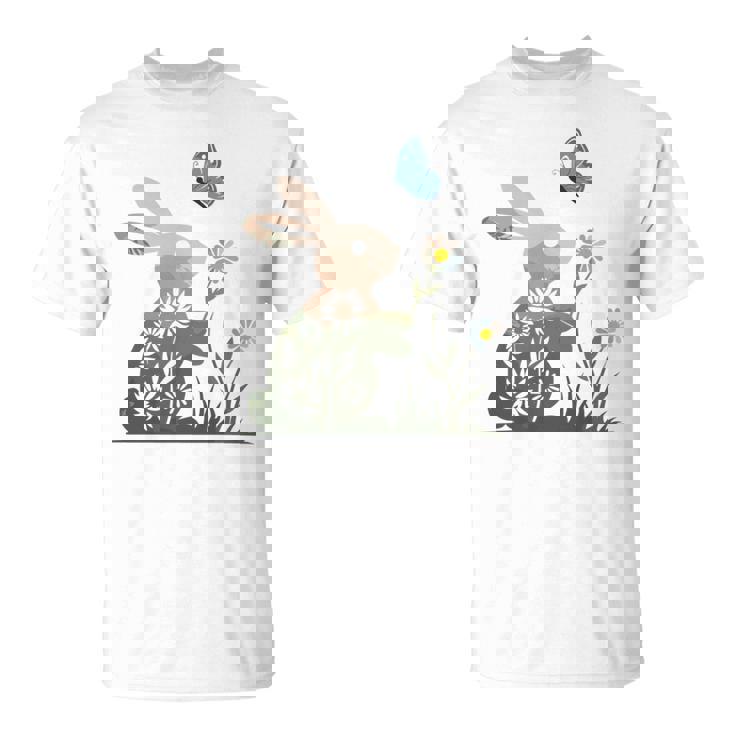蝶のイースターとデイジーを保持している甘いウサギのウサギ 長袖tシャツ Tシャツ