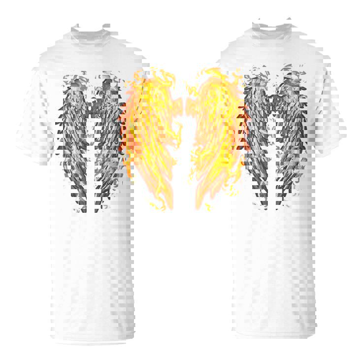 裏面に燃える天使の翼 火の羽 Tシャツ