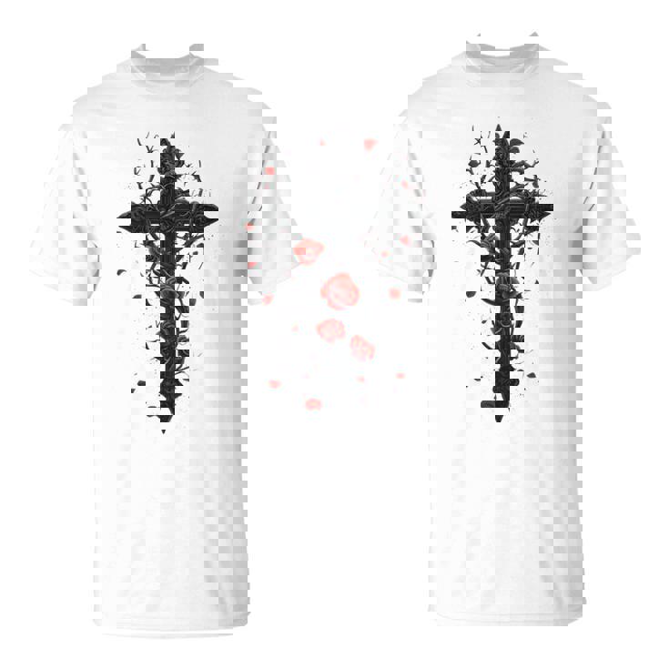 赤いバラのゴシック・クロス 長袖tシャツ Tシャツ