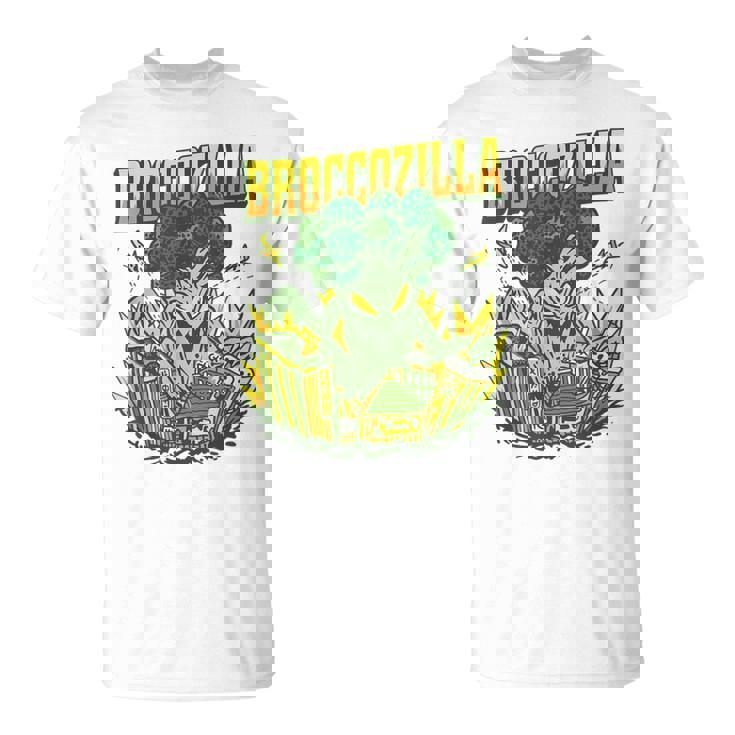 都市を攻撃する巨大なブロッコリーモンスター面白いブロッコリー Tシャツ
