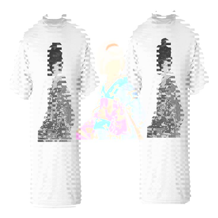 青い着物を着た美しい芸者 日本画 鳥居 言人 帯 美人画 新版画 日本画 長袖tシャツ Tシャツ