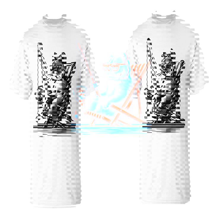 面白い釣り猫ロッドとリール Lets Go 釣り 猫釣り 長袖tシャツ Tシャツ