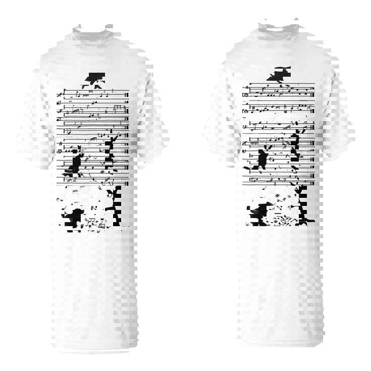 音楽譜上の遊ぶ猫のシルエットデザイン ピアノ音符 遊び心のある猫 猫 ジョーク かわいい 動物好き ギャグ好き Tシャツ