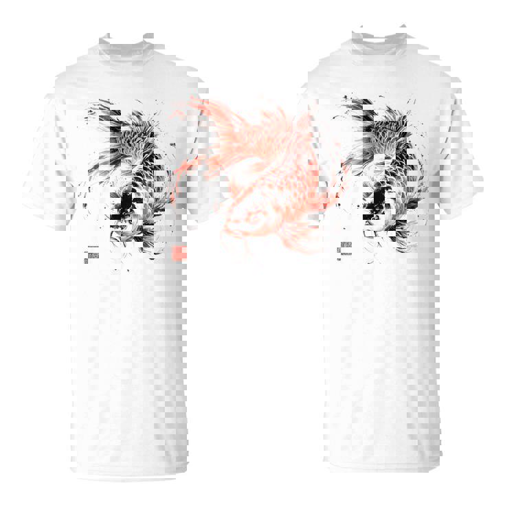 鯉 赤黒 アクアリウム ニシキゴイ 観賞魚 イラスト バックプリント Tシャツ