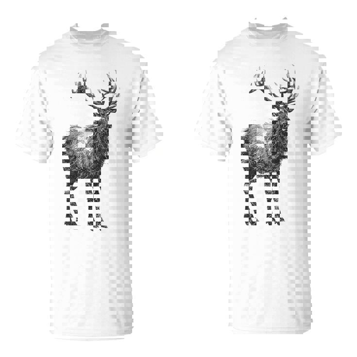 鹿 動物 プリント モチーフ 図面 イラスト ポートレート 鹿 Tシャツ