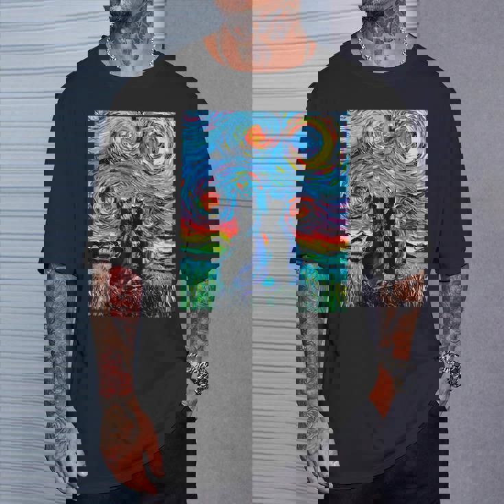 Aja 星月夜に2匹の黒猫 カラフルアート Tシャツ 彼への贈り物