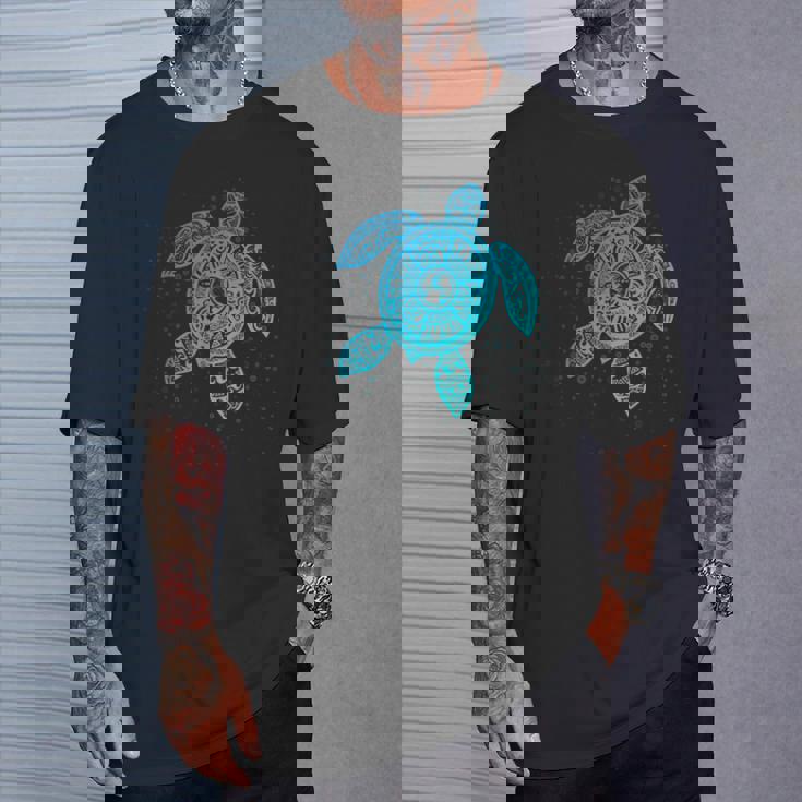 Boho Tiki ティールウミガメ 気泡付き 亀 Tシャツ 彼への贈り物