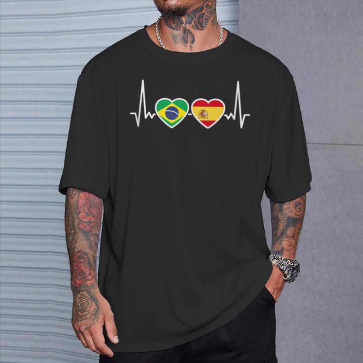 Brasil España Latido Bandera Español Brasileño In Mangas Camiseta unisex Regalos para él