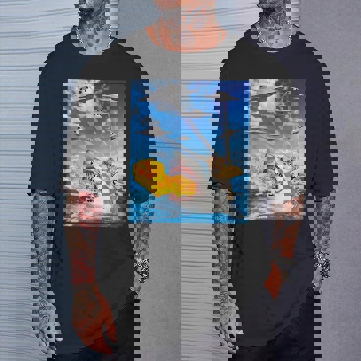 Cat Riding Fire Breathehark レインボー レーザー タコス Tシャツ 彼への贈り物