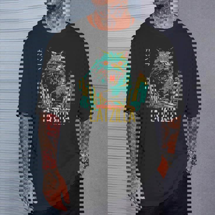 Catzilla ビンテージ 面白い かわいい 猫 アート Tシャツ 彼への贈り物