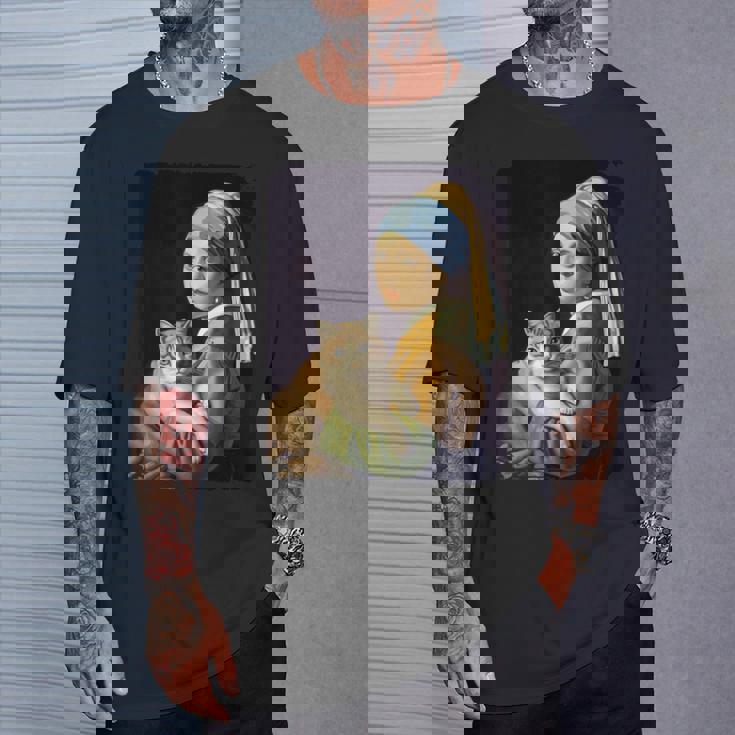 Girl With A Pearl Earring And A Cat 名画パロディ アート猫 Tシャツ 彼への贈り物