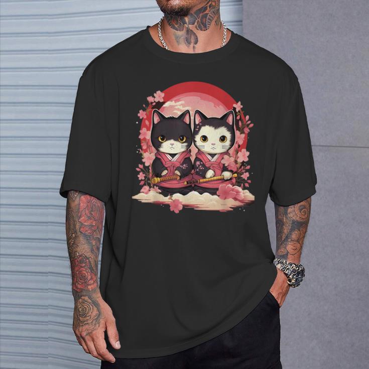 Kawaii Japonés Parejasamurai Ninja Gatos Guerrero Arte Camiseta unisex Regalos para él