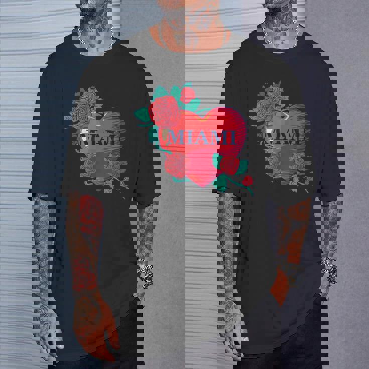 I Love Miami Miami Love Heart & Roses Illustration Graphic Tシャツ 彼への贈り物