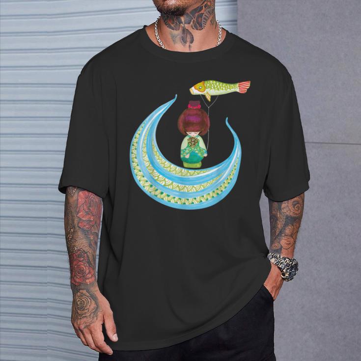 Muñeca Japonesa Tradicional Y Bandera De La Carpa Kokeshi Camiseta unisex Regalos para él