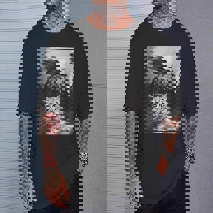 Ufo と面白い猫のセルフィー Tシャツ 彼への贈り物