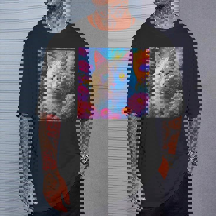 「お花畑のルディ猫」 油絵風ファンタジーアート 綺麗 かわいい オッドアイ リアル Tシャツ 彼への贈り物