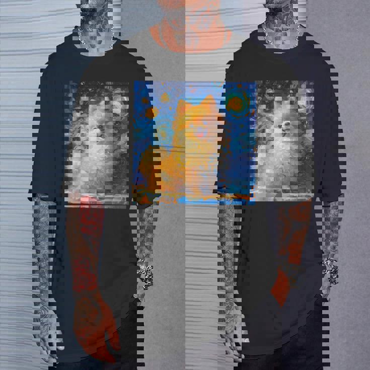 かわいいポメラニアン犬 星月夜 ヴィンセント・ヴァン・ゴッホ絵画 Tシャツ 彼への贈り物