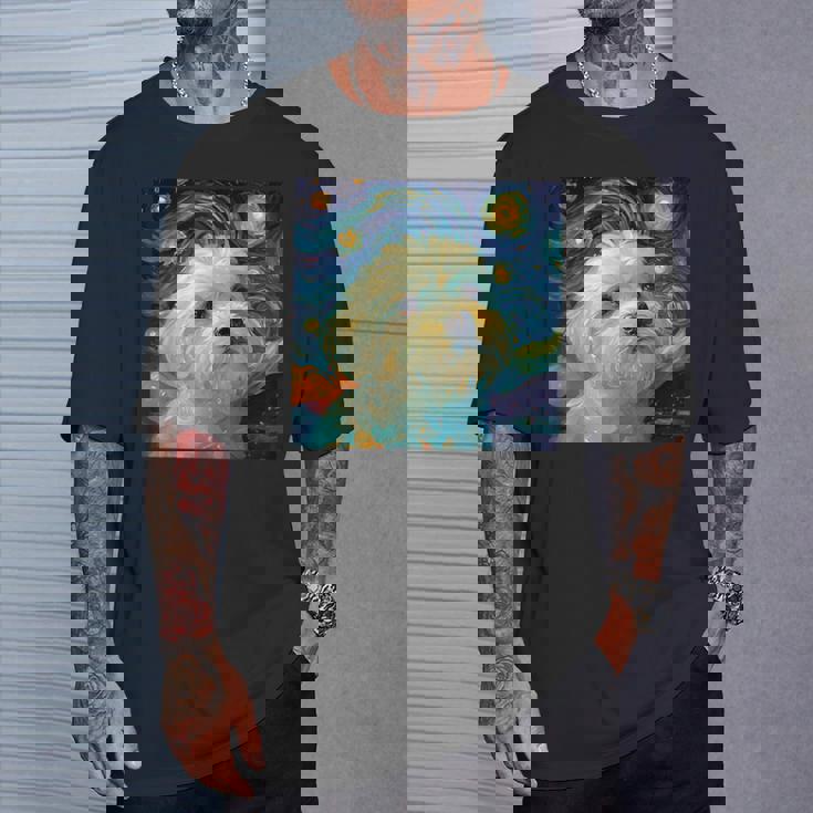 かわいいマルチーズドッグ 星月夜 ヴィンセント・ヴァン・ゴッホ絵画 Tシャツ 彼への贈り物