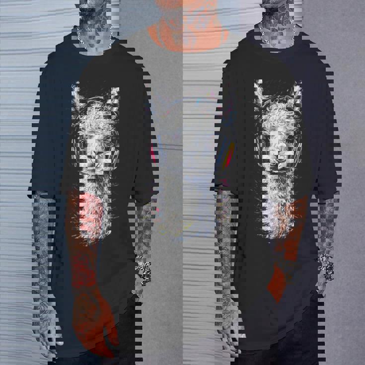 アルパカ アニマル モチーフ 音楽 ヘッドホン イラスト アルパカ Tシャツ 彼への贈り物