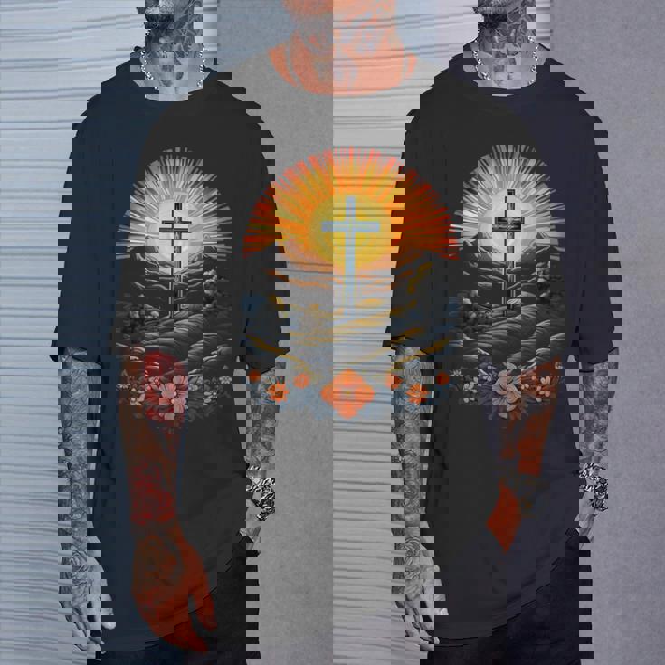 イースターデー クロスフラワー サンセット クリスチャン イースター Tシャツ 彼への贈り物