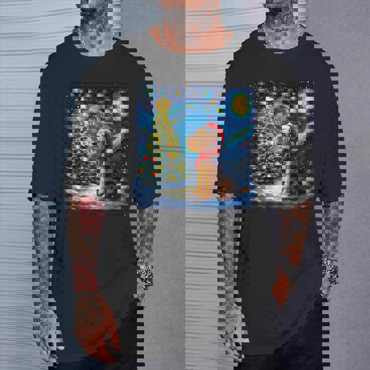 エアデール・テリア 星降る夜 クリスマス ゴッホ 犬の休日 Tシャツ 彼への贈り物