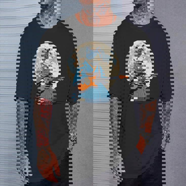 エレキギターを弾く日本猫 着物&猫ギター Tシャツ 彼への贈り物