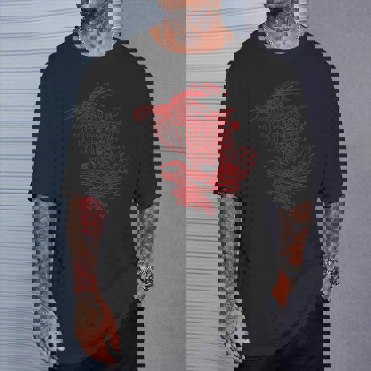 オリジナルツインサギと菊レッドラインアート Tシャツ 彼への贈り物