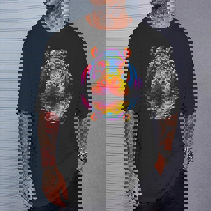 カバ カラフル アート 動物 かわいい グラフィック モチーフ カバ Tシャツ 彼への贈り物