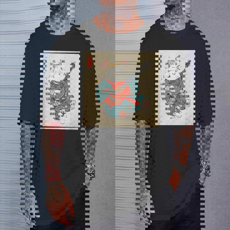 ギター奏でる猫 着物姿 ヴィンテージ 日本美術 面白い Tシャツ 彼への贈り物