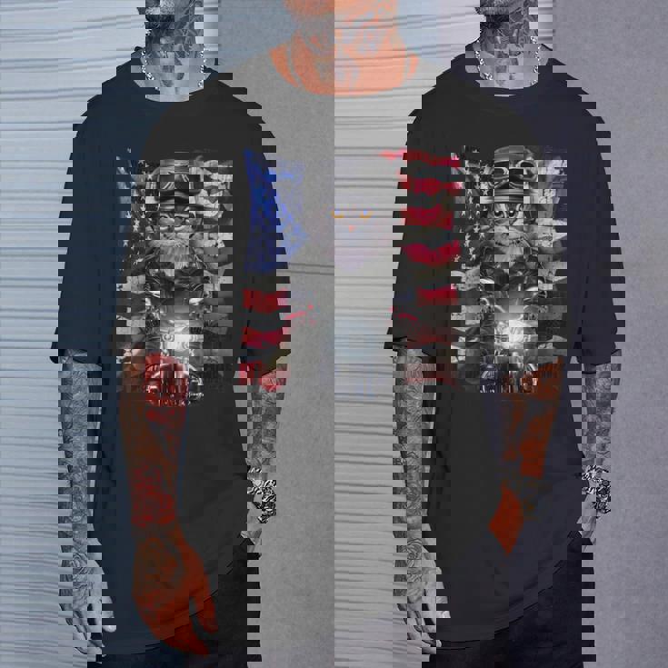 グレー 猫 ねこ バイク 星条旗 アメリカ Tシャツ 彼への贈り物