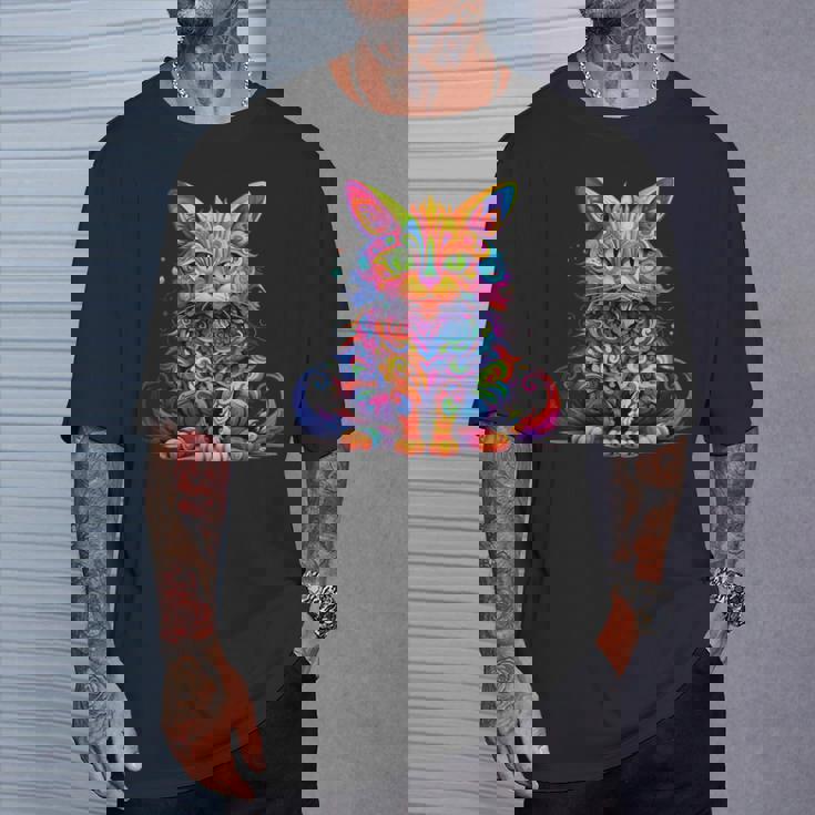 サイケデリック マンガ 猫 カラフル ファンタジー 曼荼羅スタイル Tシャツ 彼への贈り物