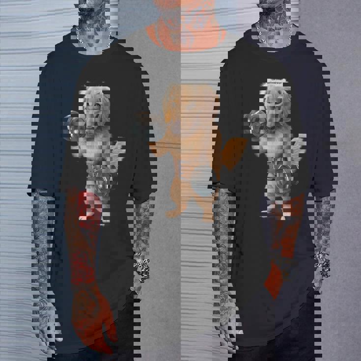 ダックスフンド 犬の筋肉トレーニング ダンベル付き フィットネスジム Tシャツ 彼への贈り物