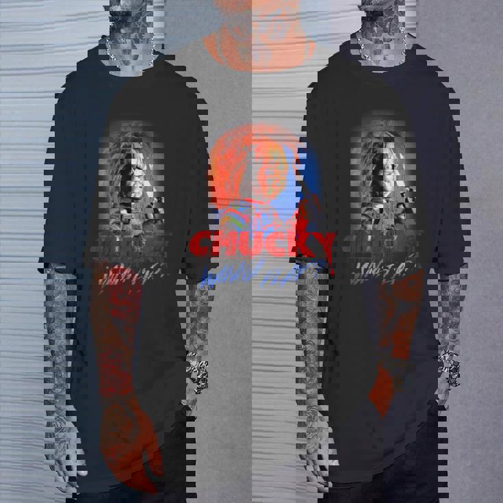 チャッキー・ワナ・プレイ・ブラッディ・ナイフ Tシャツ 彼への贈り物