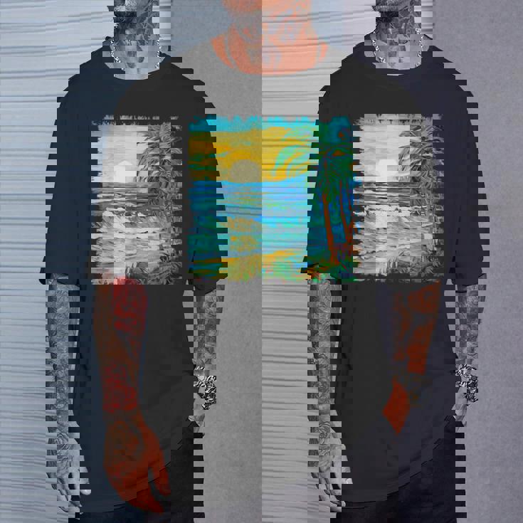 トロピカルビーチ 太陽 オーシャン ヤシの木 ゴッホスタイル アートデザイン Tシャツ 彼への贈り物