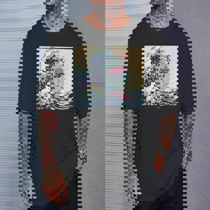 トロピカルピンク フラミンゴ グレートビッグウェーブサーファー オーシャンビーチ Tシャツ 彼への贈り物