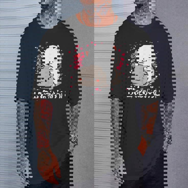 ハート バレンタイン ピーチゴマ 猫 カップル I Meow You Tシャツ 彼への贈り物