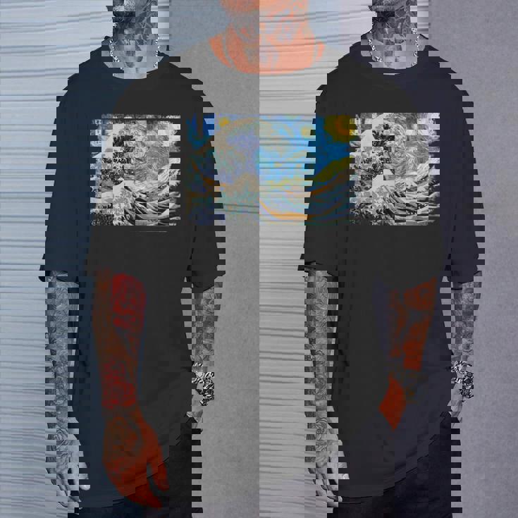 バンゴッホの星空と北斎の富嶽三十六景波絵の融合 Tシャツ 彼への贈り物