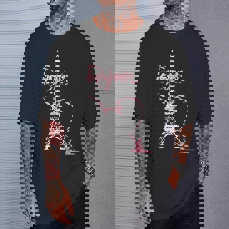 パリフランス エッフェル塔 ボンジュール 体操リボンとリボン Tシャツ 彼への贈り物