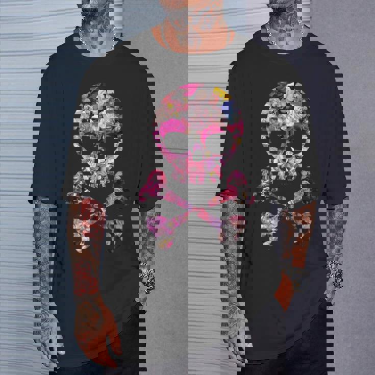 フローラルローズスカルフラワープリント Tシャツ 彼への贈り物